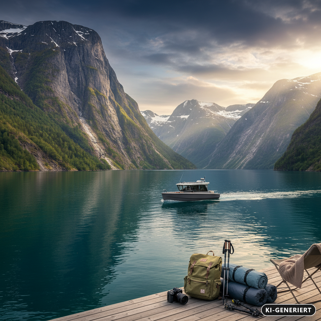 KI-generiert: Ein Motorboot fährt auf einem ruhigen Fjord vor einer beeindruckenden Bergkulisse, während im Vordergrund auf einem Holzsteg ein Rucksack, Wanderstöcke und eine Kamera bereitstehen.