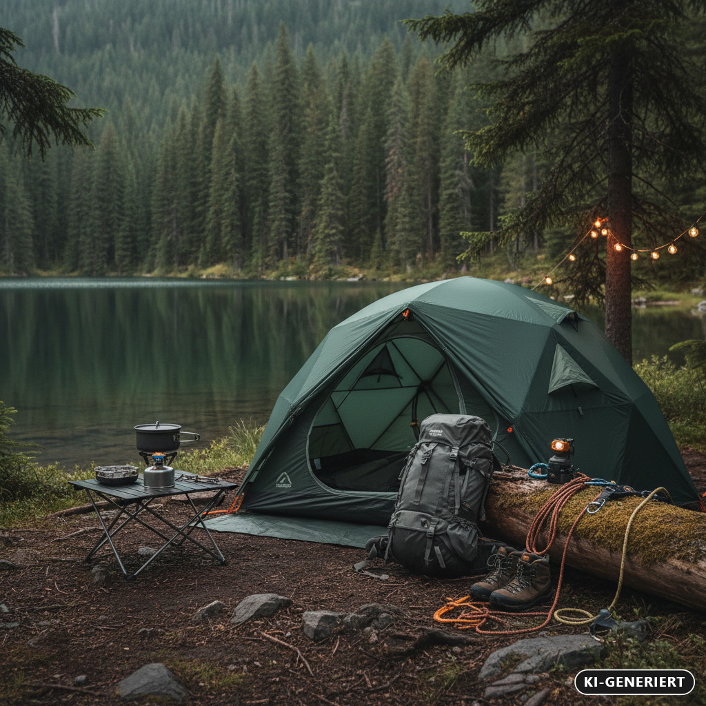 KI-generiert: Ein grünes Zelt steht am Ufer eines ruhigen Sees vor einem dichten Nadelwald, ergänzt durch einen kleinen Campingtisch mit Kocher, einen Rucksack und Wanderschuhe auf einem Baumstamm.