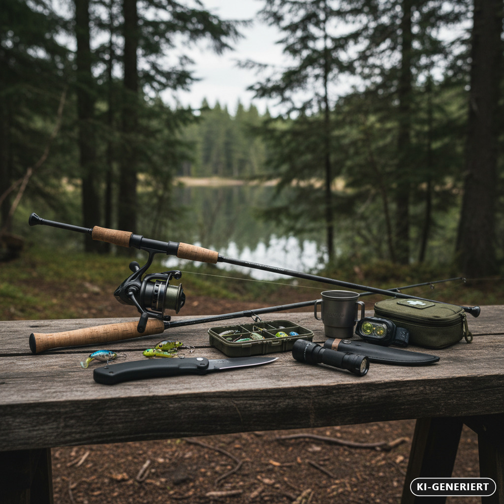 KI-generiert: Eine Angelrute, eine Köderbox und weiteres Outdoor-Equipment liegen auf einem Holztisch vor einem Waldsee.